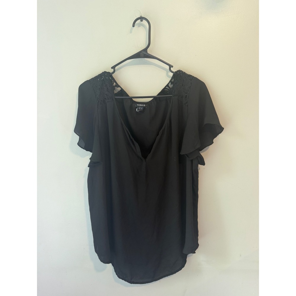 Torrid Black Lace Trim Chiffon V-Neck Flutter Sleeve‎ Blouse Plus Size 1